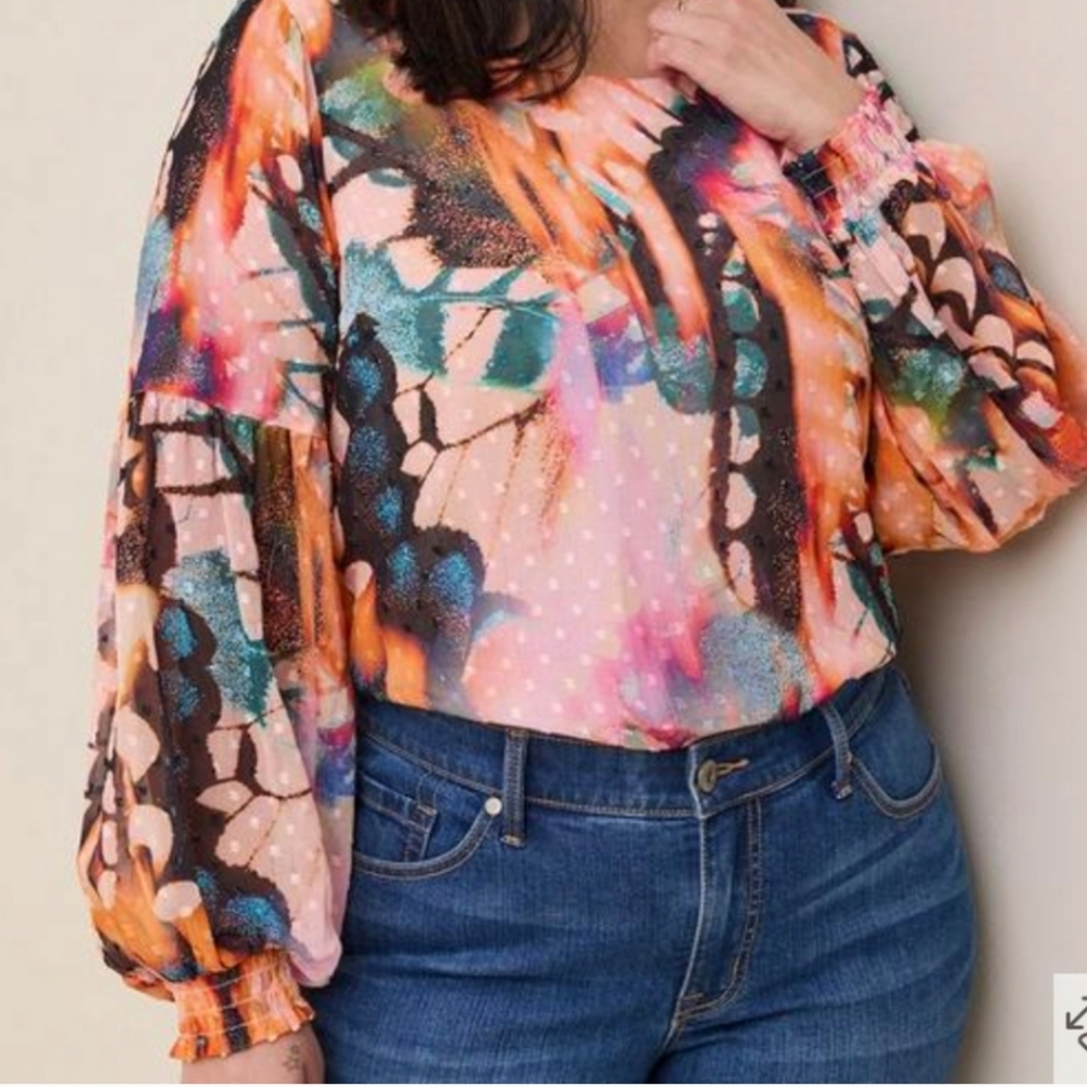 Abstract Butterfly/ Floral Balloon-Sleeve Women's Top - Pink Multi